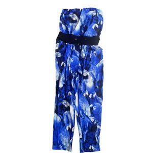 Escada Women's Strapless Jumpsuit Tropical Bird Print Wide Leg Blue Size 40 us 8